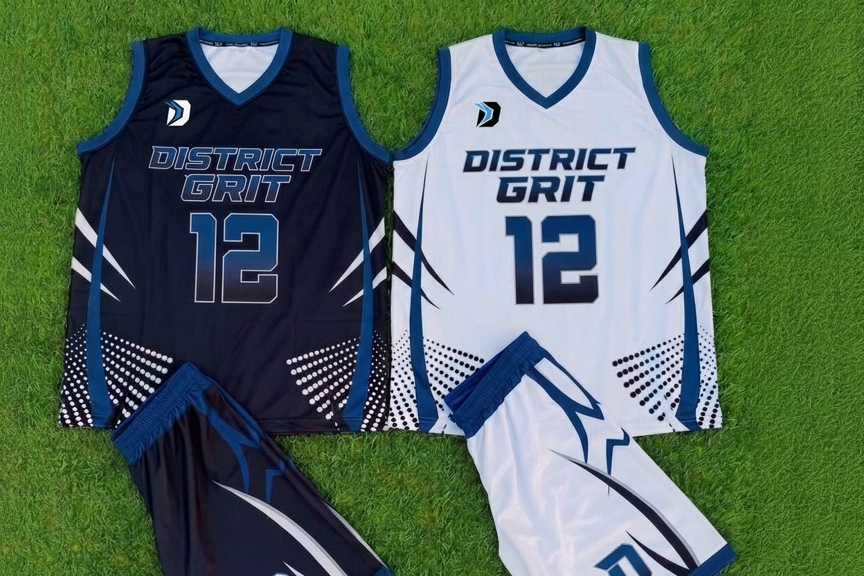 Basketball uniform with 'District Grit' branding on a grass background